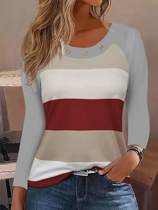 Damen Langarm T-Shirt mit modischem Streifenmuster und dekorativen Knöpfen Heidi-Mode