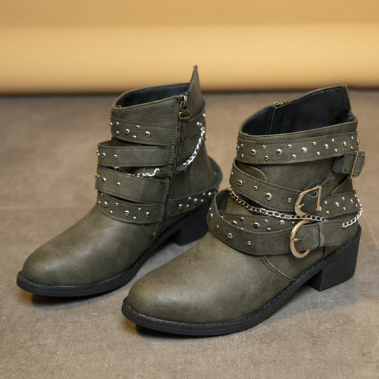 Damen modische Stiefeletten mit verzierten Riemen und Kettenelementen Heidi-Mode