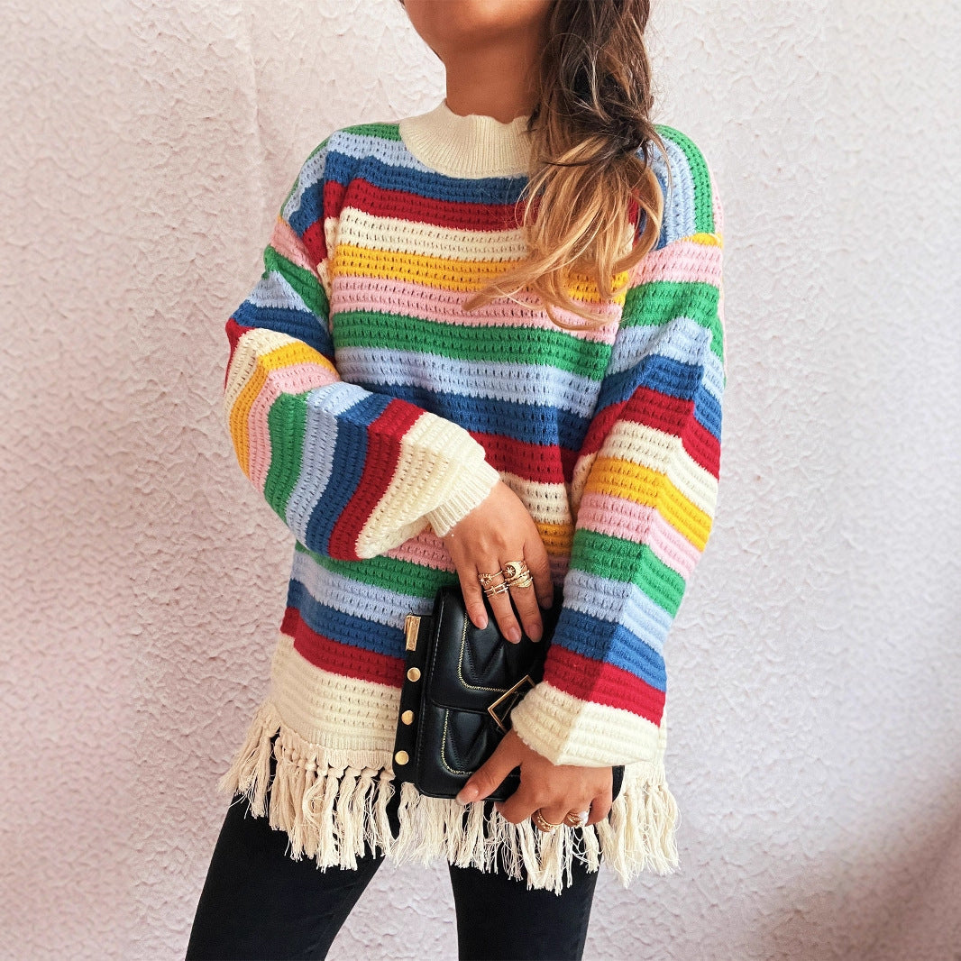 Damen entzückender Pullover mit Fransen und buntem Streifenmuster Heidi-Mode   