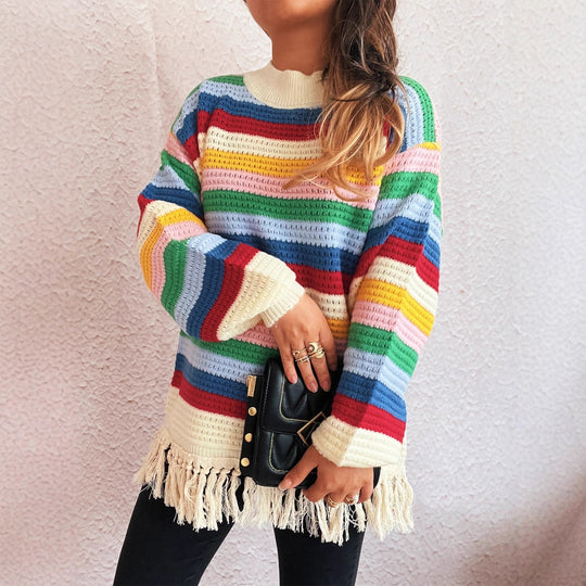 Damen entzückender Pullover mit Fransen und buntem Streifenmuster Heidi-Mode   