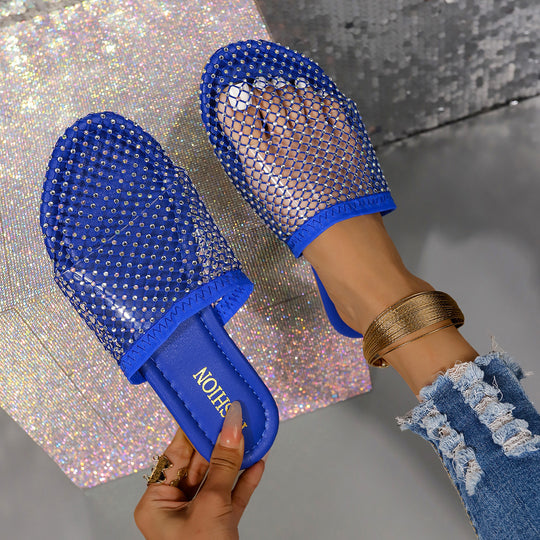 Damen Pantolette mit funkelnden Strassapplikationen und elegantem Netzdesign Heidi-Mode