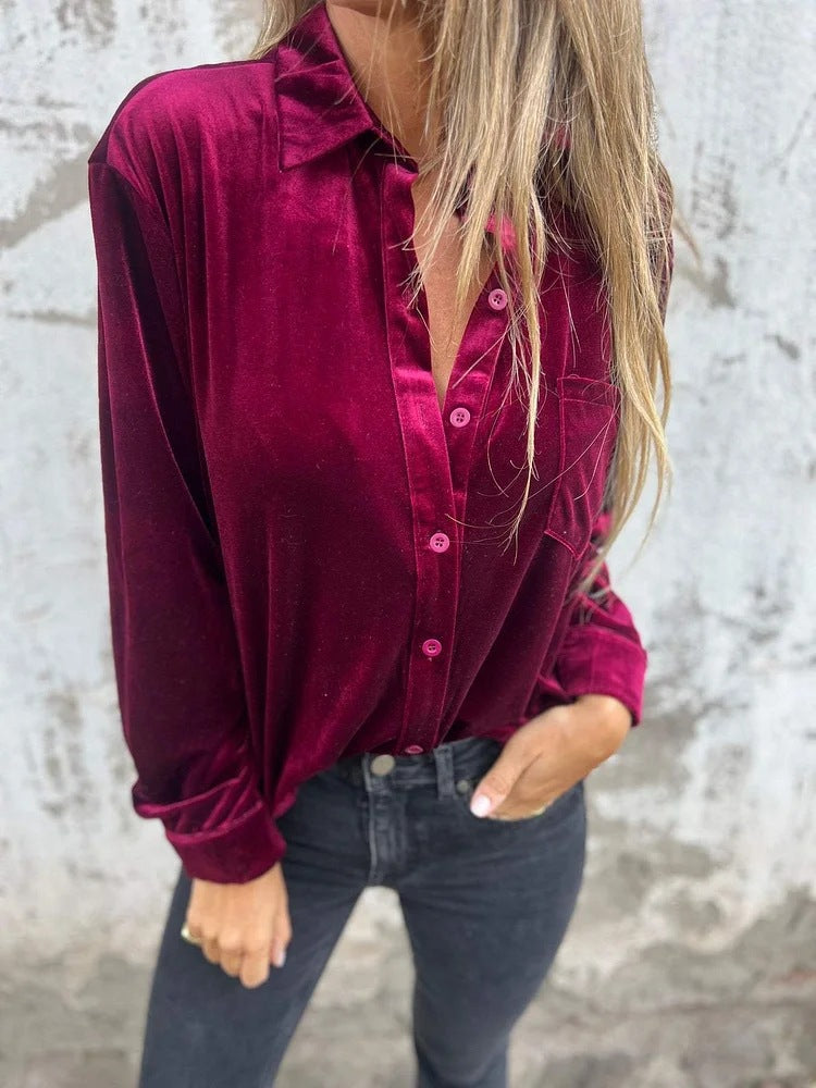 Damen Elegante Samtbluse mit klassischem Hemdkragen und langen Ärmeln Heidi-Mode