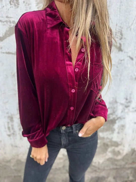 Damen Elegante Samtbluse mit klassischem Hemdkragen und langen Ärmeln Heidi-Mode