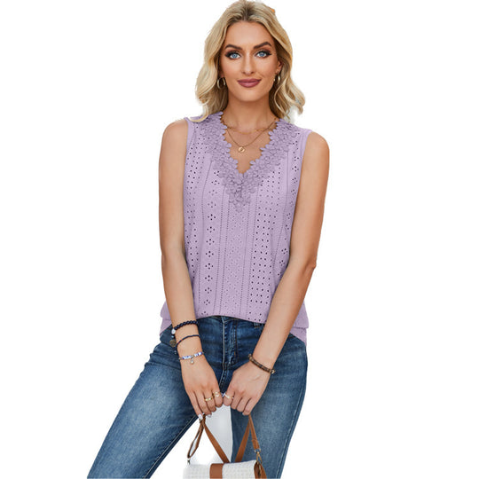 Damen ärmelloses Oberteil mit dekorativen Lochmustern und Spitzenverzierung Heidi-Mode