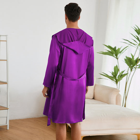 Herren Satin Bademantel mit praktischem Kapuzen-Design Heidi-Mode