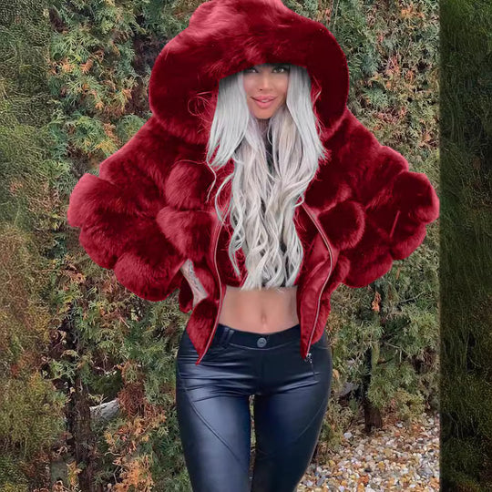 Damen Sportliche Kunstpelzjacke mit Kapuze Heidi-Mode