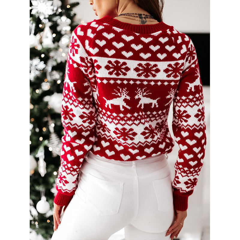 Damen Strickpullover mit weihnachtlichem Muster und Rundhalsausschnitt Heidi-Mode