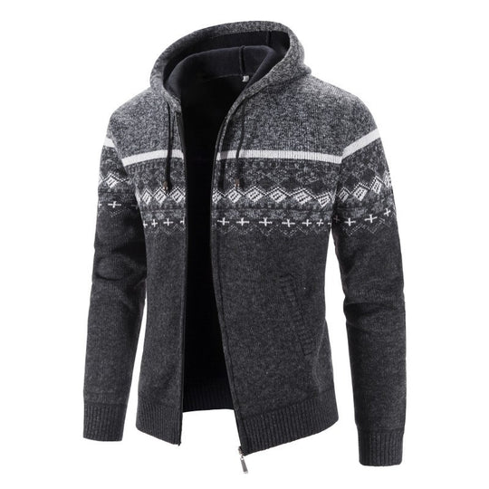 Herren Melierte Strickjacke mit Kapuze und Norweger-Muster Heidi-Mode
