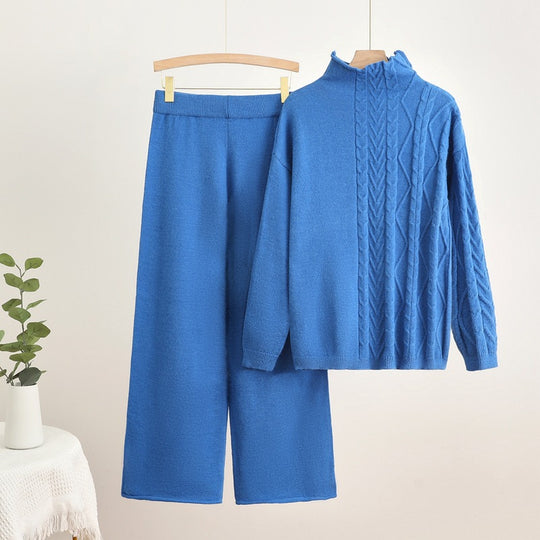 Damen gemütliches Strick-Loungewear-Set mit hochgeschlossenem Kragen Heidi-Mode