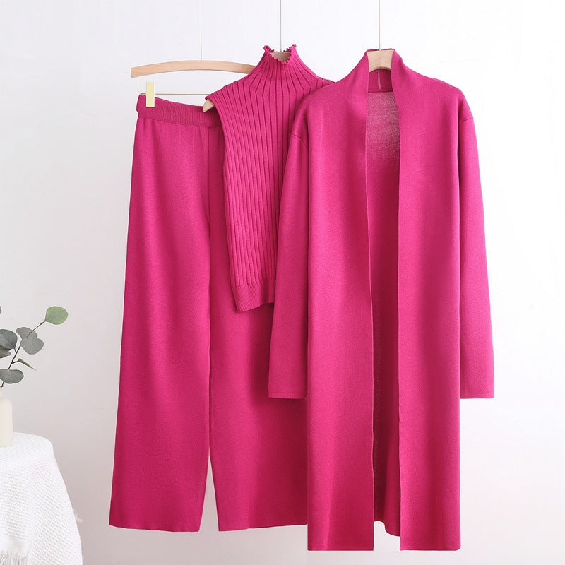Damen gemütliches Strick-Loungewear-Set mit langem Cardigan und Rippenshirts Heidi-Mode
