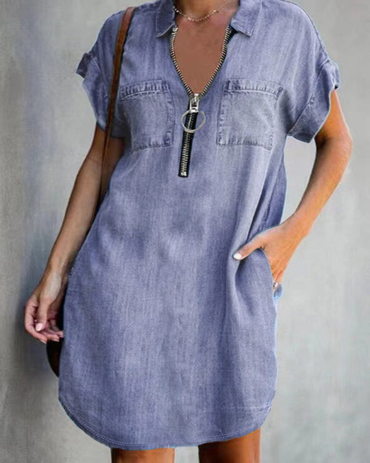 Damen Chambray Kleid mit Reißverschluss und praktischen Taschen Heidi-Mode