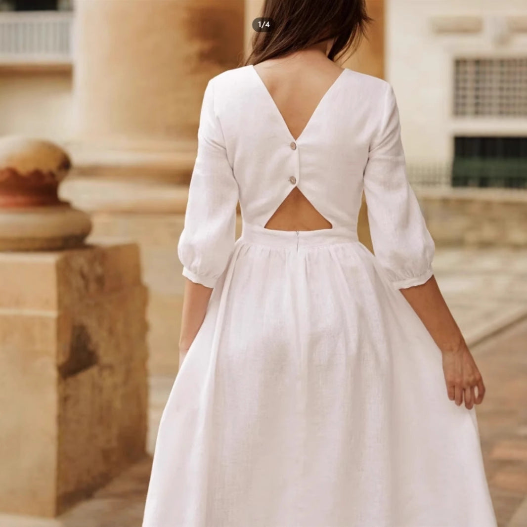 Damen Leinenkleid mit elegantem V-Ausschnitt und lockerem Schnitt Heidi-Mode