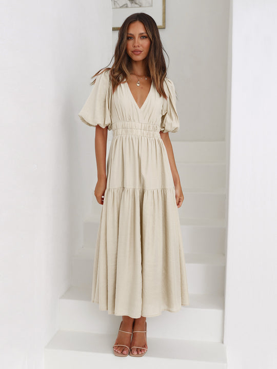 Damen Maxikleid mit voluminösen Puffärmeln und tiefer V-Ausschnittgestaltung Heidi-Mode