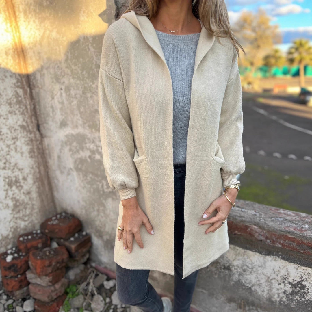 Damen Kuschelige Strickjacke mit Kapuze und Taschen Heidi-Mode