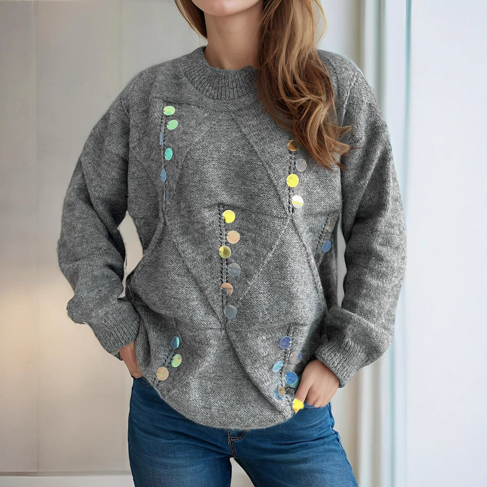 Damen lässiger Pullover mit dekorativen Pailletten und strukturiertem Maschenmuster Heidi-Mode