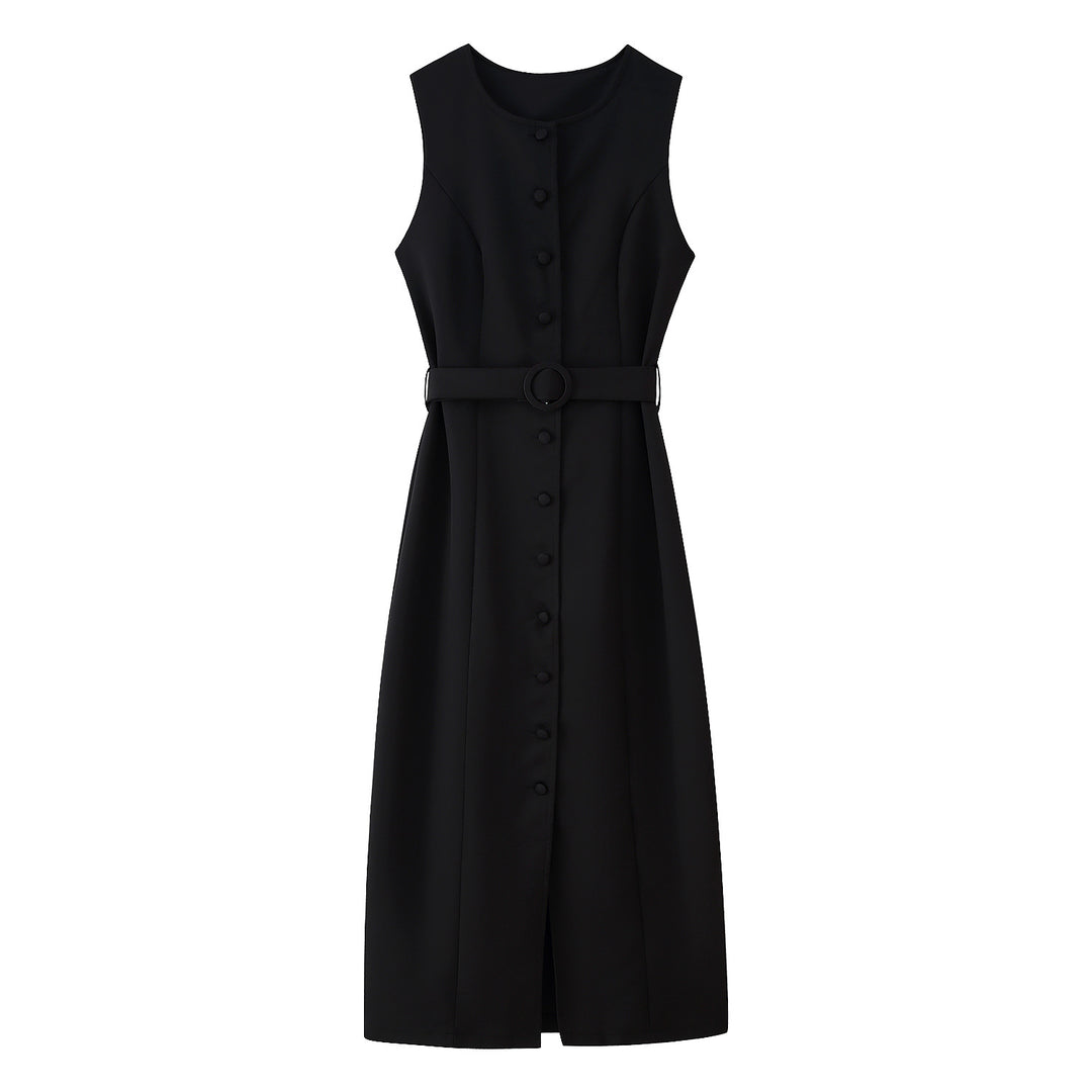 Damen ärmelloses Wickelkleid mit Knopfverschluss und Taillengürtel Heidi-Mode