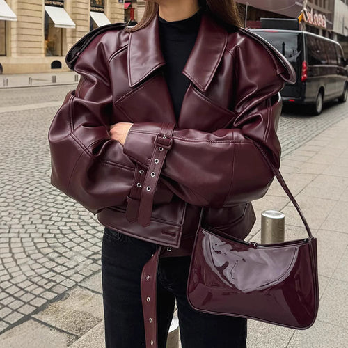 Damen Kunstlederjacke im Oversized-Design mit Riemen und neuen Details Heidi-Mode