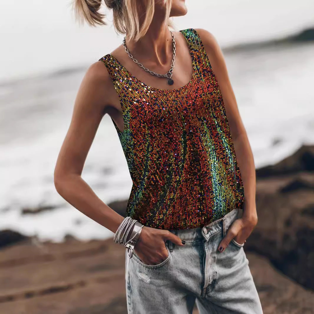 Damen Glitzerndes Top mit tiefem Rundhalsausschnitt und leichter A-Linie Heidi-Mode
