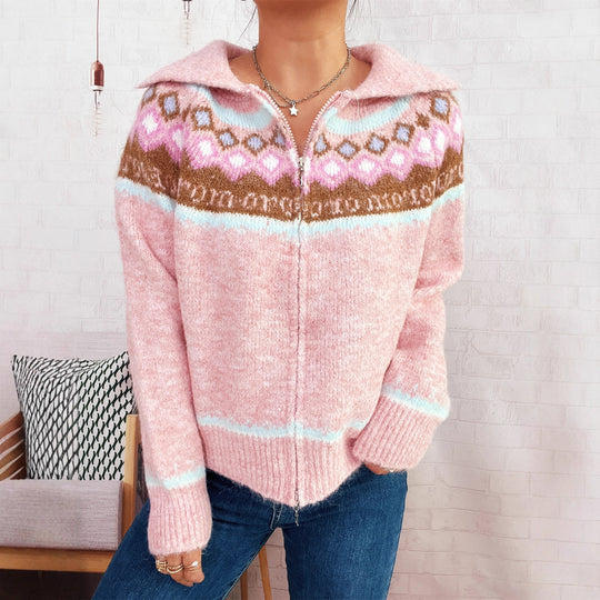 Damen Strickjacke mit buntem Muster und hochwertigem Reißverschluss Heidi-Mode
