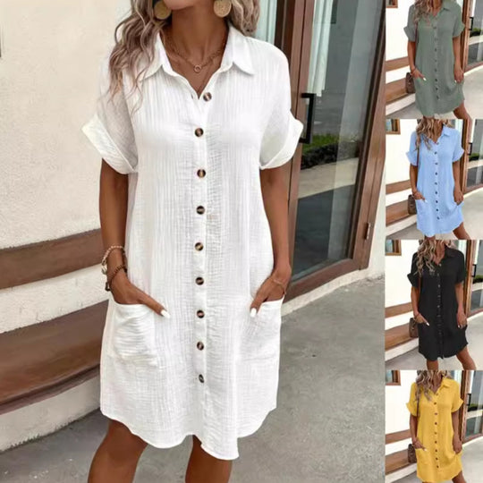 Damen Kurzarm Hemdkleid mit Knopfleiste und praktischen Taschen Heidi-Mode