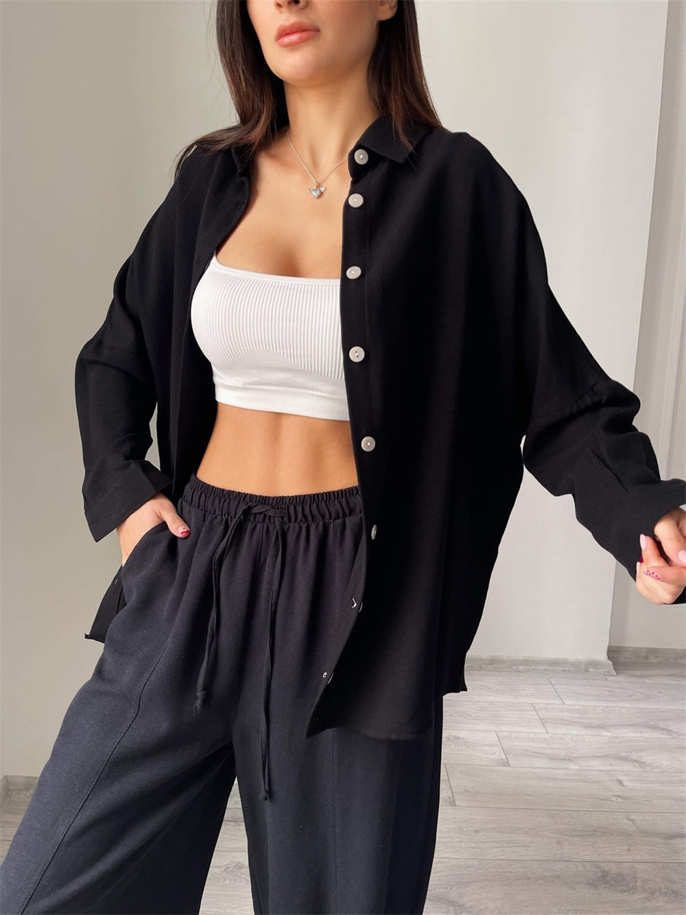 Damen lässiges Freizeit-Set mit übergroßem Hemd und weiten Hosen Heidi-Mode