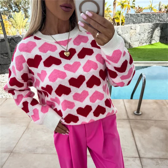 Damen Pullover mit Herzmuster und komfortablem Schnitt Heidi-Mode