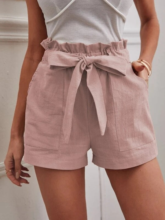 Damen elegante Leinen-Shorts mit Bindegürtel und breitem Bund Heidi-Mode