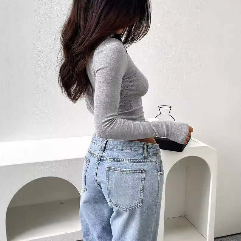 Damen hochwertiges Langarmshirt mit Stehkragen und feiner Rippstruktur Heidi-Mode