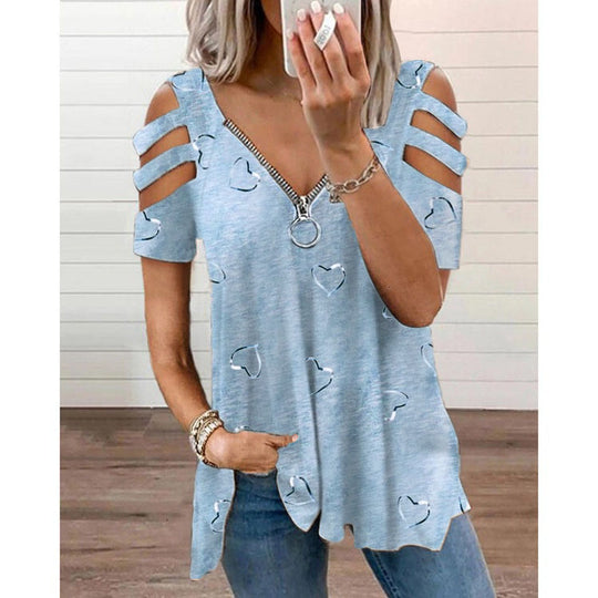 Damen V-Ausschnitt T-Shirt mit Cut-Outs und Herzdesign Heidi-Mode