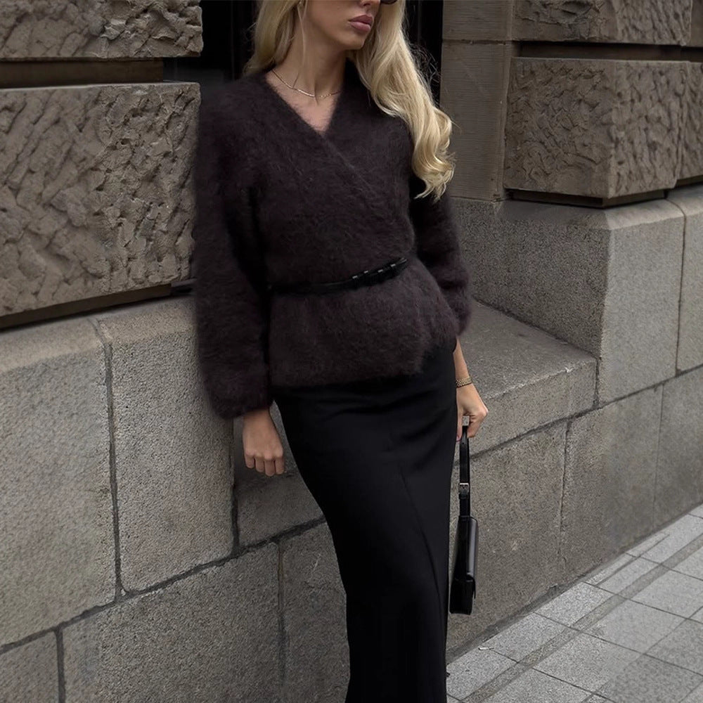 Damen Kuscheliger Pullover mit lässigem Schnitt und tiefem V-Ausschnitt Heidi-Mode