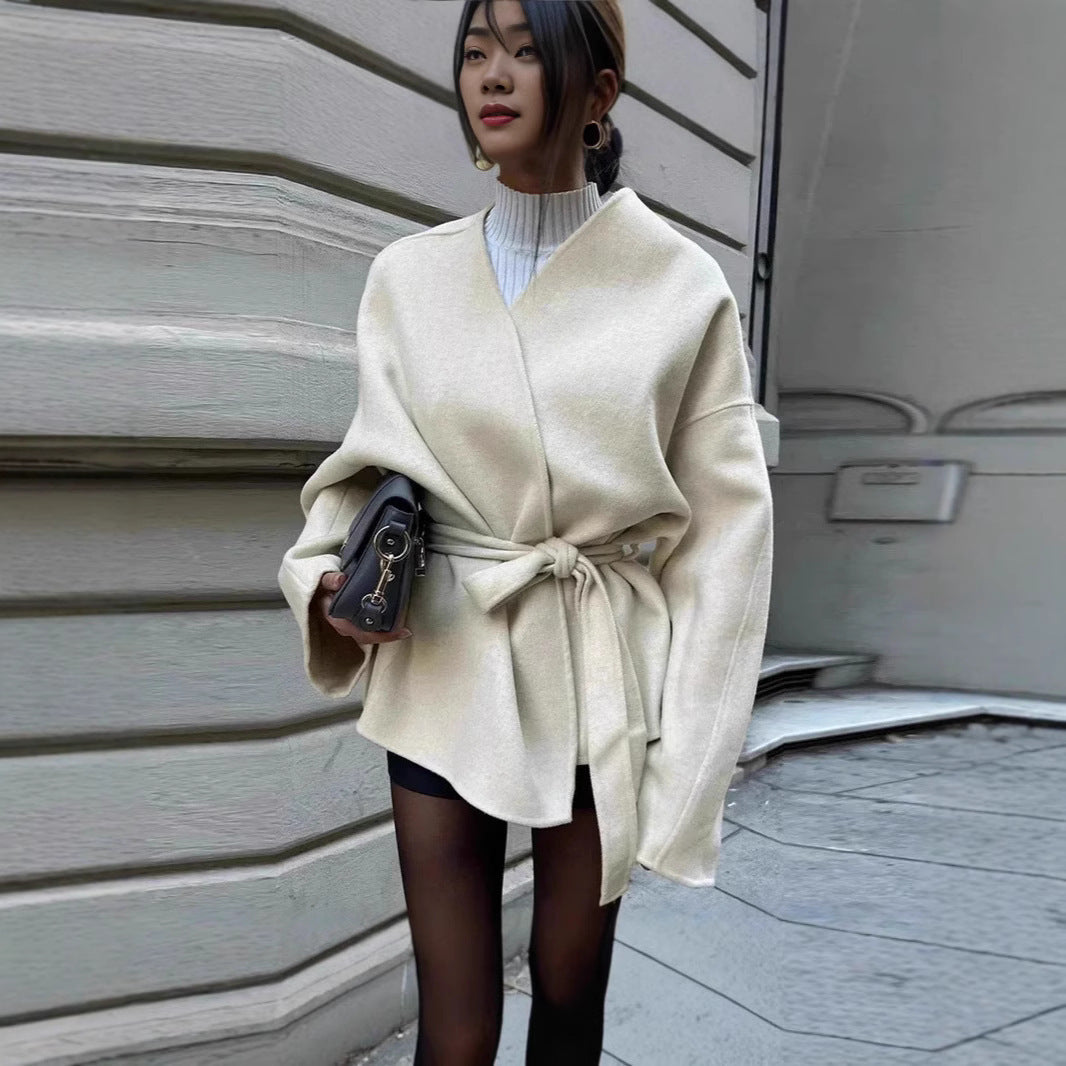 Damen modische Wickeljacke mit Gürtel und weiten Ärmeln Heidi-Mode