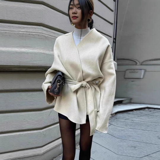 Damen modische Wickeljacke mit Gürtel und weiten Ärmeln Heidi-Mode