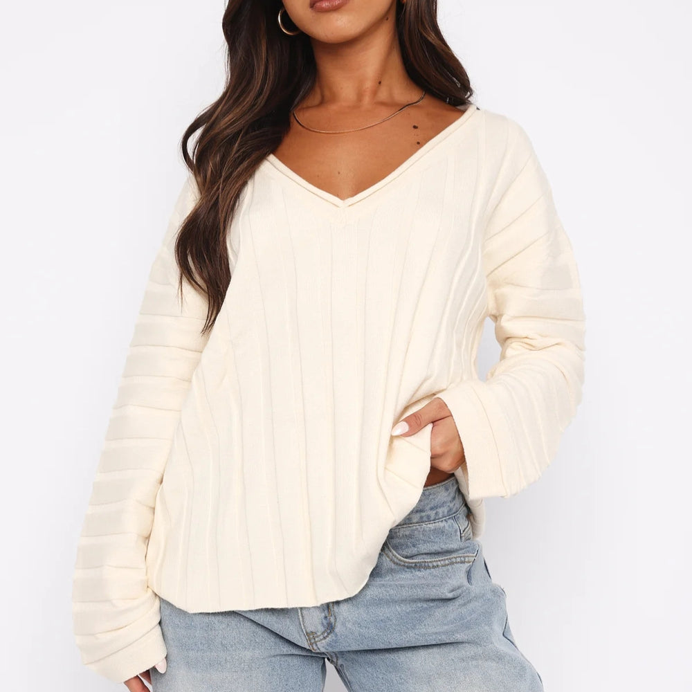 Damen Lässiges V-Ausschnitt Pullover-Top mit Rippstruktur und weiten Ärmeln Heidi-Mode