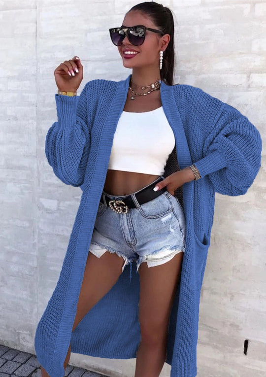 Damen Langer Strickcardigan mit weiten Ärmeln und praktischen Taschen Heidi-Mode