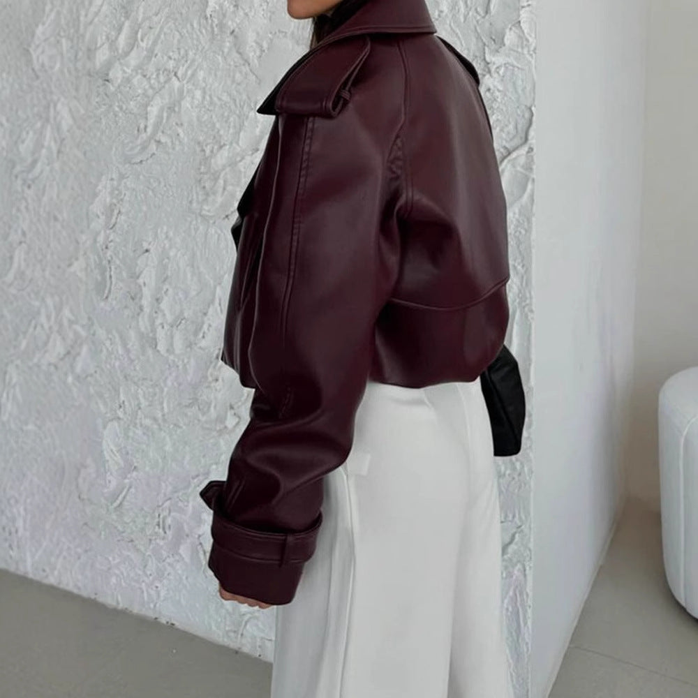 Damen modische Kunstlederjacke mit oversized Schnitt und breitem Kragen Heidi-Mode