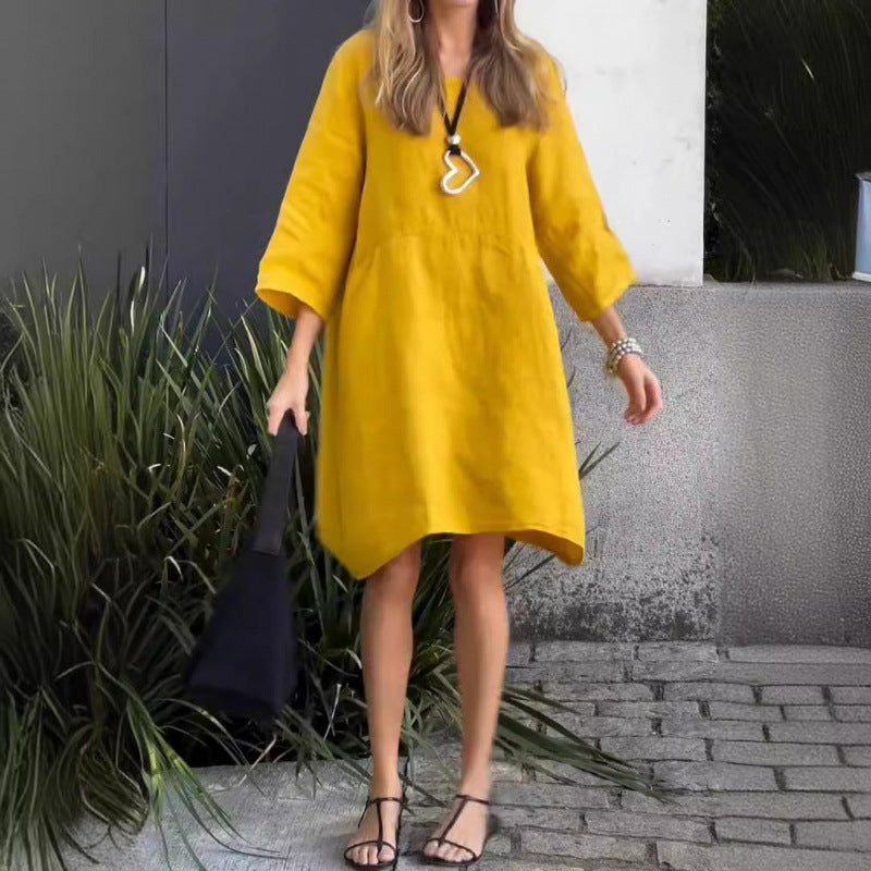 Heidi-Mode | Lässig Einfarbig Lose Taschen Baumwoll-Leinen Kleid
