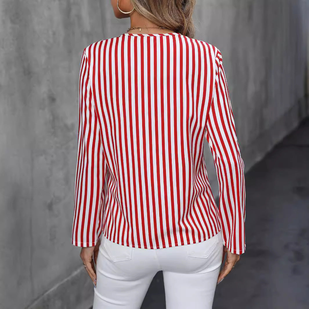 Damen Bluse mit stilvollem Streifenmuster und modernem V-Ausschnitt Heidi-Mode