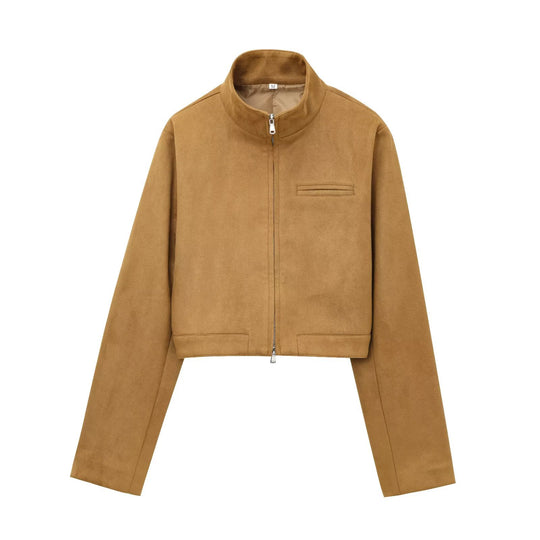 Damen kurze Kunstlederjacke mit elegantem Kragen und praktischen Taschen Heidi-Mode