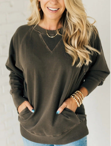 Damen lässiger V-Ausschnitt Sweatshirt mit Raglanärmeln und seitlichen Taschen Heidi-Mode