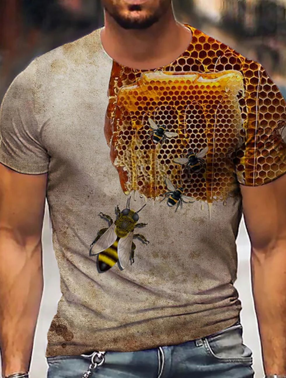 Herren T-Shirt mit künstlerischem Bienenwabenmotiv und 3D-Druck Heidi-Mode