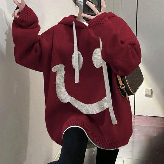 Damen Lässiger Oversized-Pullover mit Smiley-Motiv Heidi-Mode