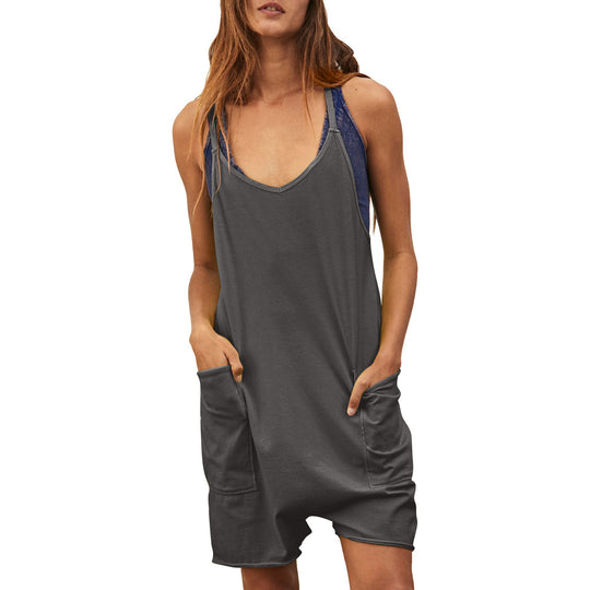 Damen komfortabler Overall mit tiefem Ausschnitt und praktischen Taschen Heidi-Mode