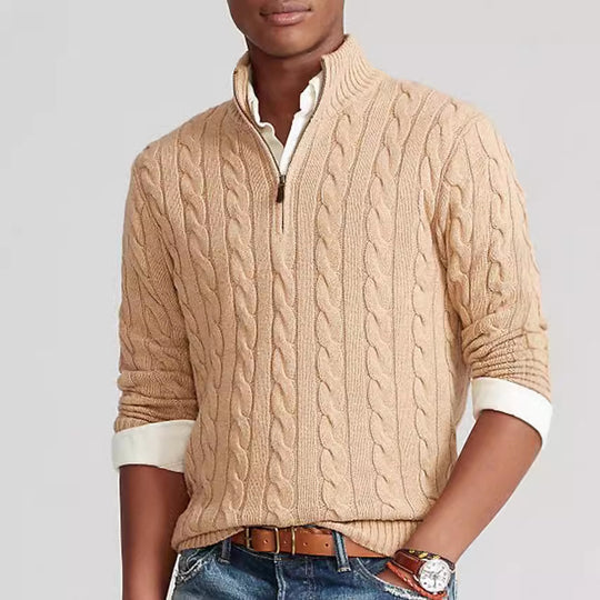 Herren Strickpullover mit hohem Kragen und strukturiertem Zopfdesign Heidi-Mode