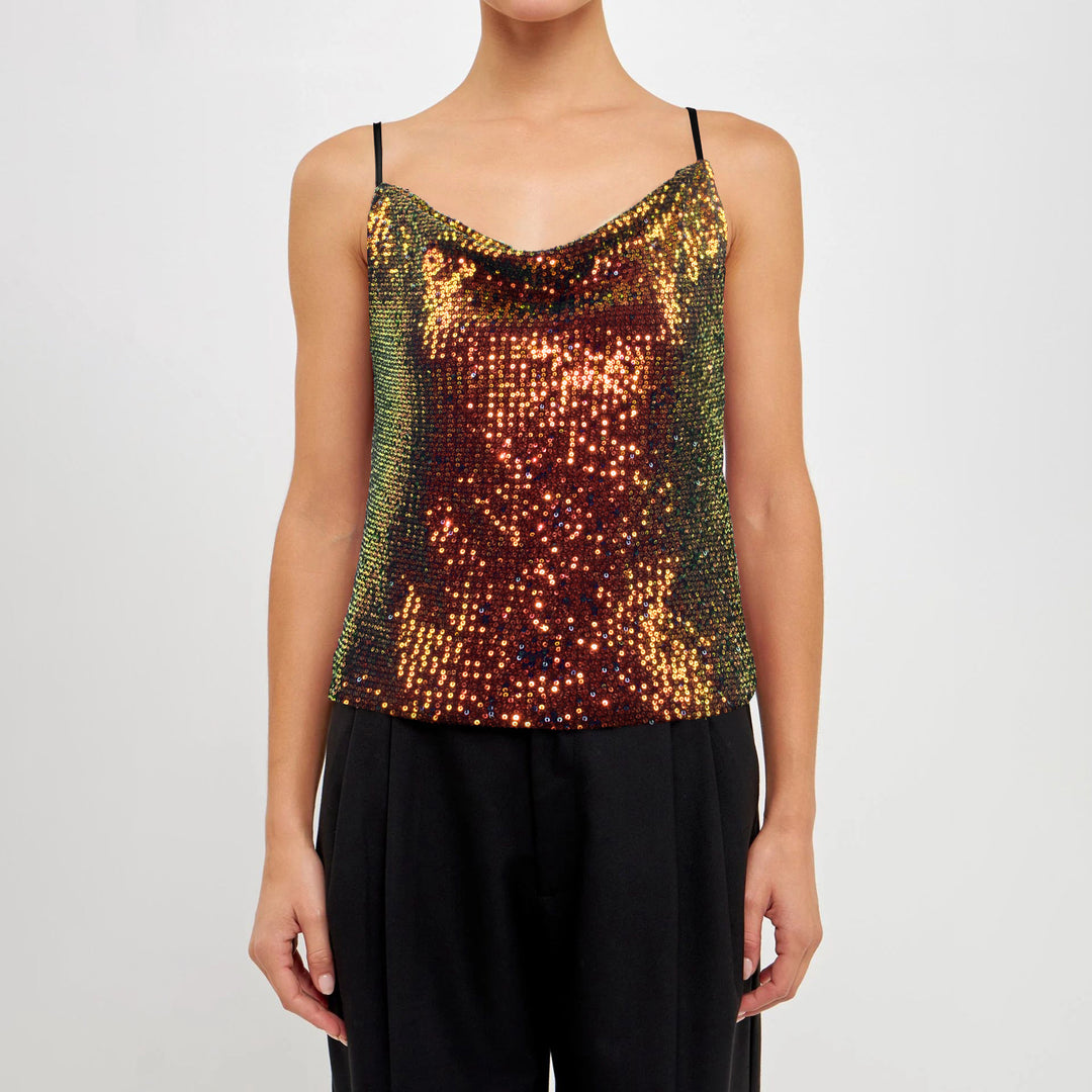 Damen Glitzerndes Spaghettiträgershirt mit V-Ausschnitt Heidi-Mode