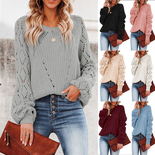 Damen Strickpullover mit romantischem Häkelmuster und voluminösen Ärmeln Heidi-Mode