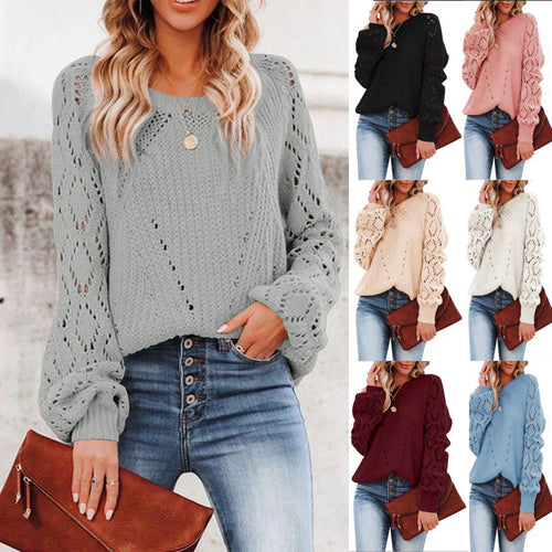 Damen Strickpullover mit romantischem Häkelmuster und voluminösen Ärmeln Heidi-Mode
