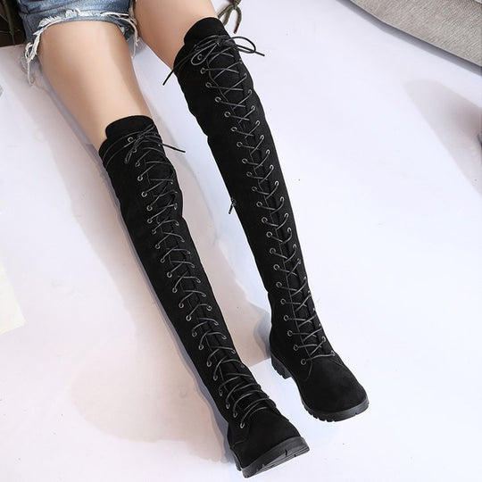 Damen Überknee-Stiefel mit modischem Schnür-Design und robustem Profil Heidi-Mode
