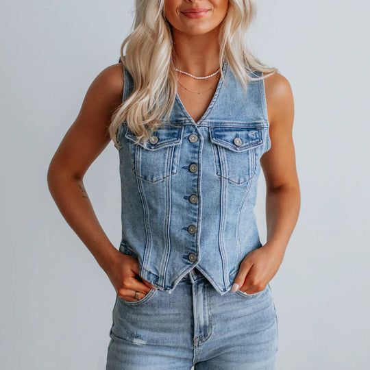 Damen Denim Weste mit Knopfleiste und modernen Schnittrahmen Heidi-Mode