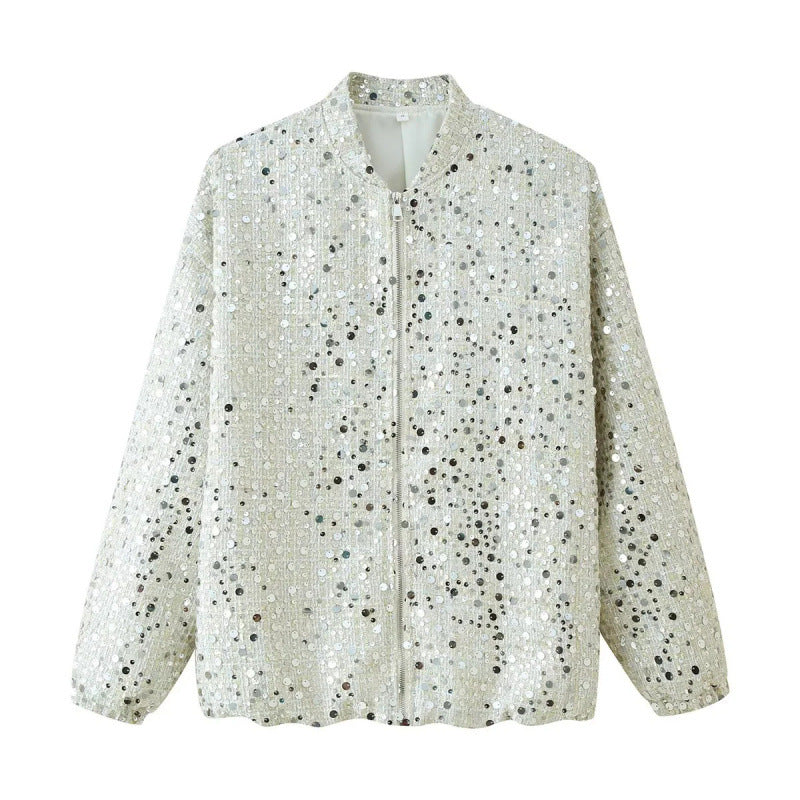 Damen Glitzernde Bomberjacke mit glänzenden Pailletten und Reißverschluss Heidi-Mode