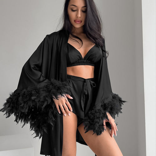 Damen Satin Kimono mit Federn Heidi-Mode
